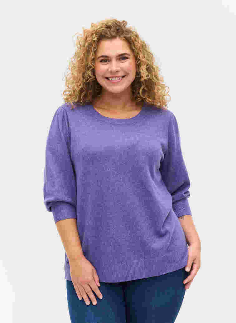 Melerad stickad tröja med 3/4-ärmar, Ultra Violet Mel., Model image number 0