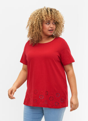 T-shirt i bomull med broderi anglaise, Tango Red, Model image number 0