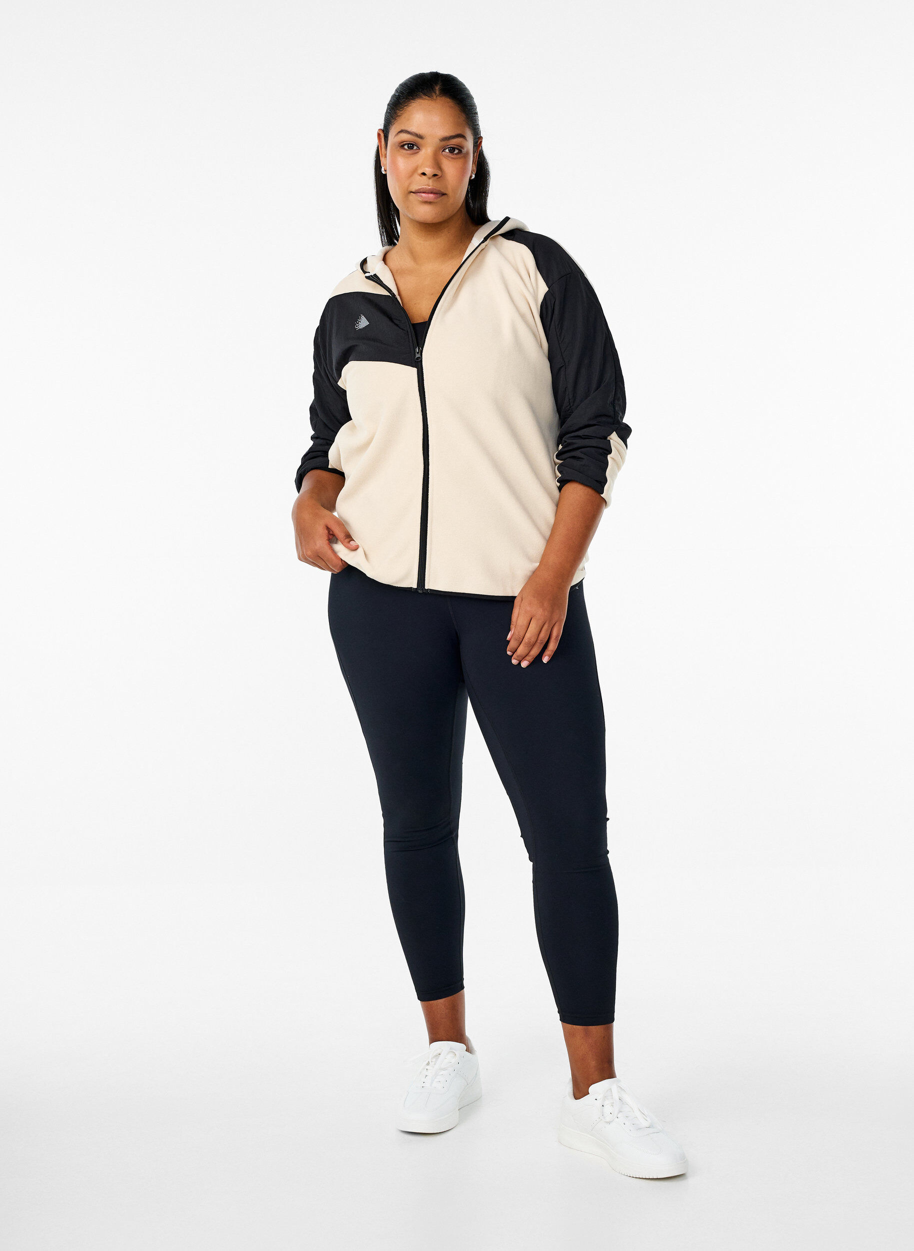 Zizzi Fleecejacka med huva och fickor, Beige, Model image number 1