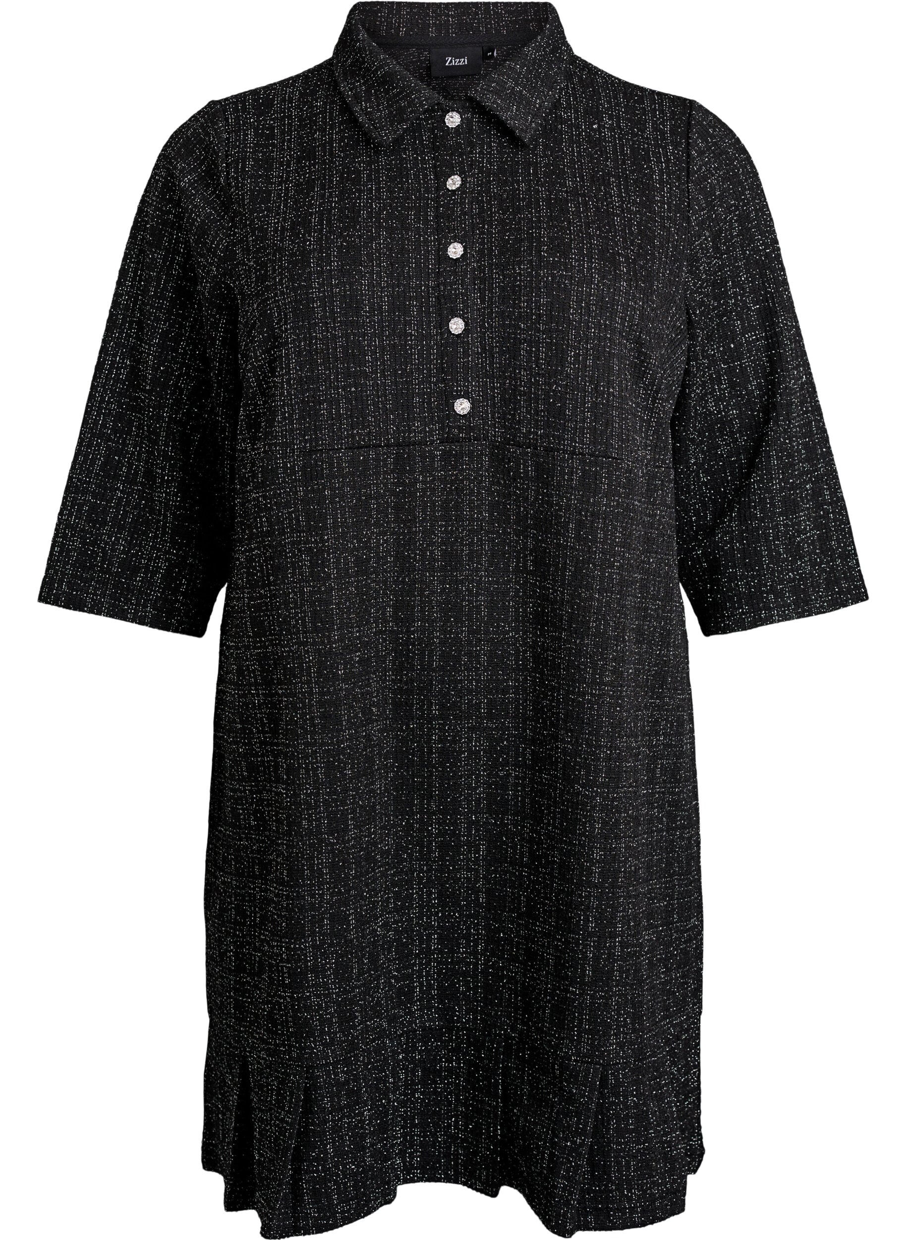 ZizziKort kl&auml;nning i boucl&eacute; med dekorativa knappar, Svart, Packshot image number 0