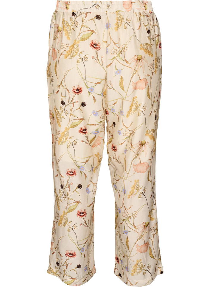 H&ouml;gmidjade byxor i viskos med blommigt m&ouml;nster, Beige, Packshot