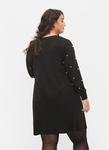 Långärmad klänning med pärldetaljer, Black, Model image number 1