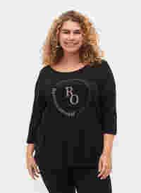 T-shirt i bomull med 3/4-ärmar, Black RO, Model