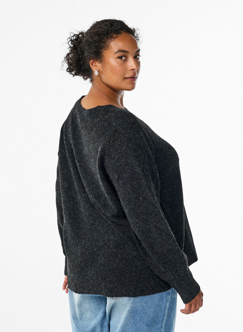 Stickad topp med hålmönster och ballongärmar, Grå, Model image number 2