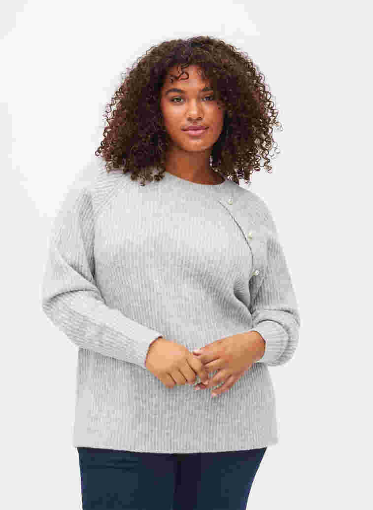Melerad stickad tröja med pärlknappar, Light Grey Melange, Model image number 0