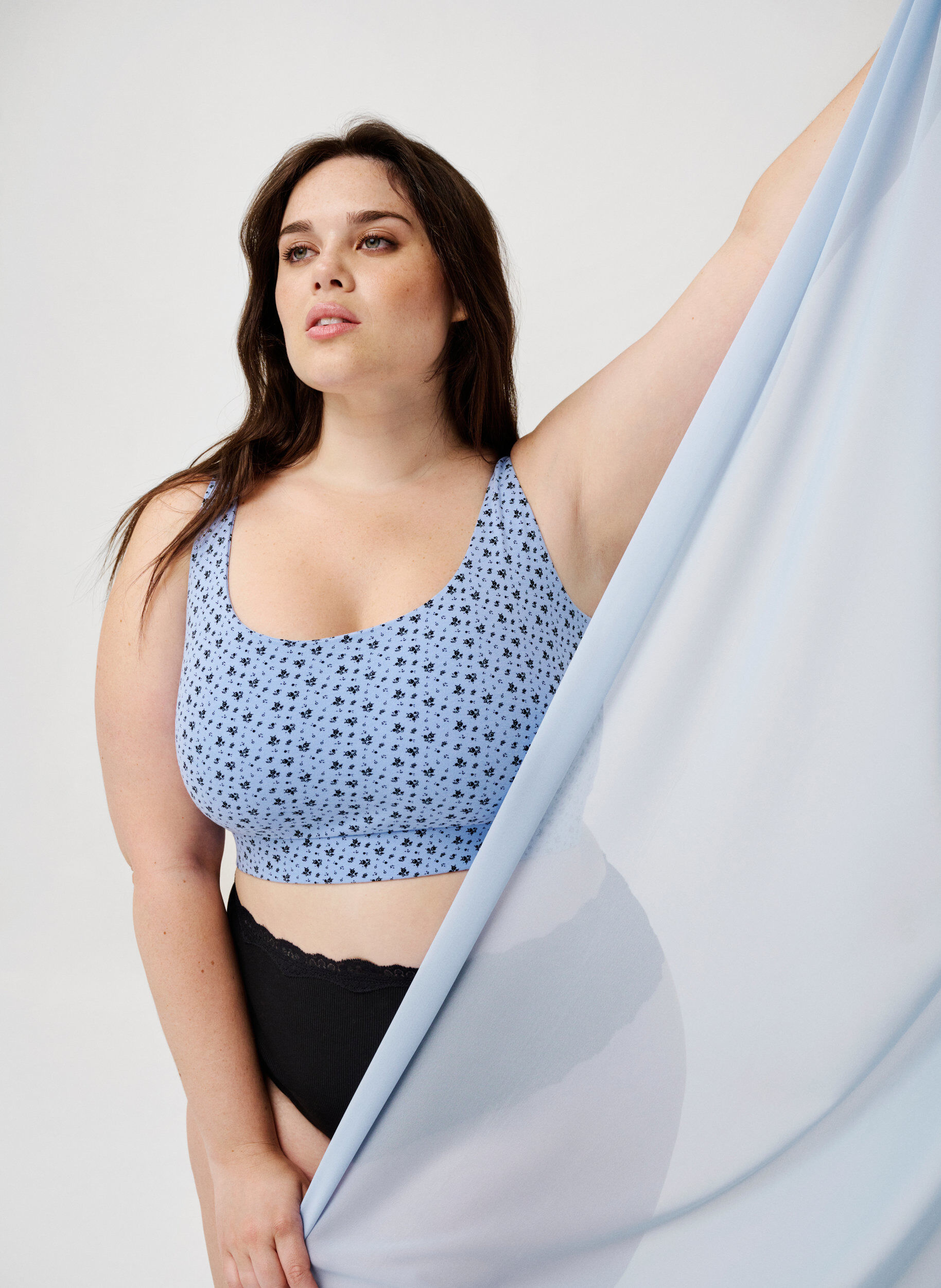 Zizzi 2-pack bh-topp i bomull med justerbara band, Serenity AOP/Black, Image image number 0