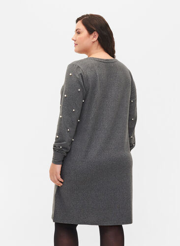Långärmad klänning med pärldetaljer, Dark Grey Melange, Model image number 1