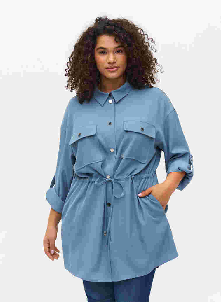 Långärmad skjortjacka med bröstfickor och knytning i midjan, Blue Shadow, Model image number 0