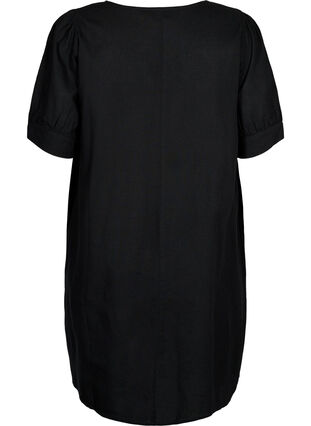 V-ringad klänning i bomullsblandning med linne, Black, Packshot image number 1