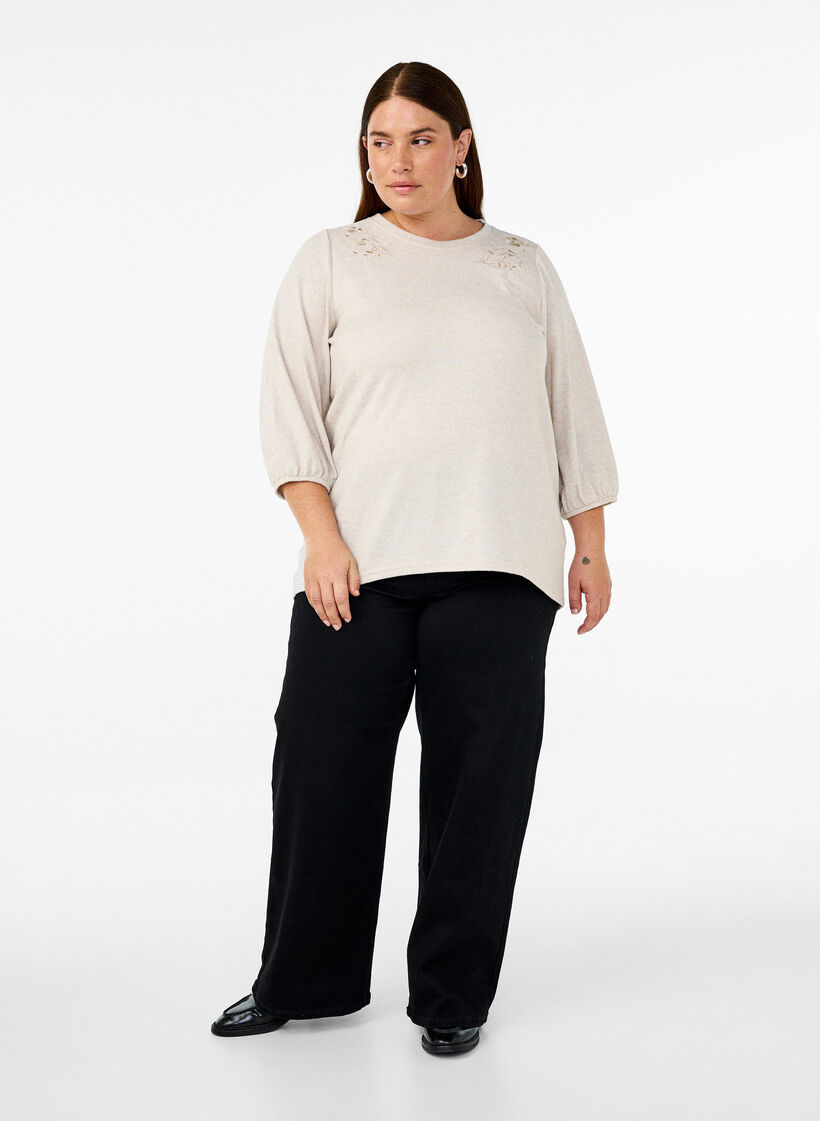 Blus med blommigt broderi och 3/4-ärmar, Oatmeal Melange, Model image number 2