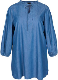Denimklänning i bomull med knytband, Blue denim