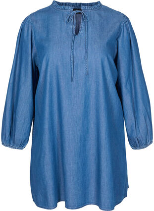 Denimklänning i bomull med knytband, Blue denim, Packshot image number 0
