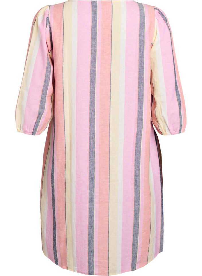 Kort klänning i linne och viskos med 3/4-ärmar, Gul, Packshot image number 1