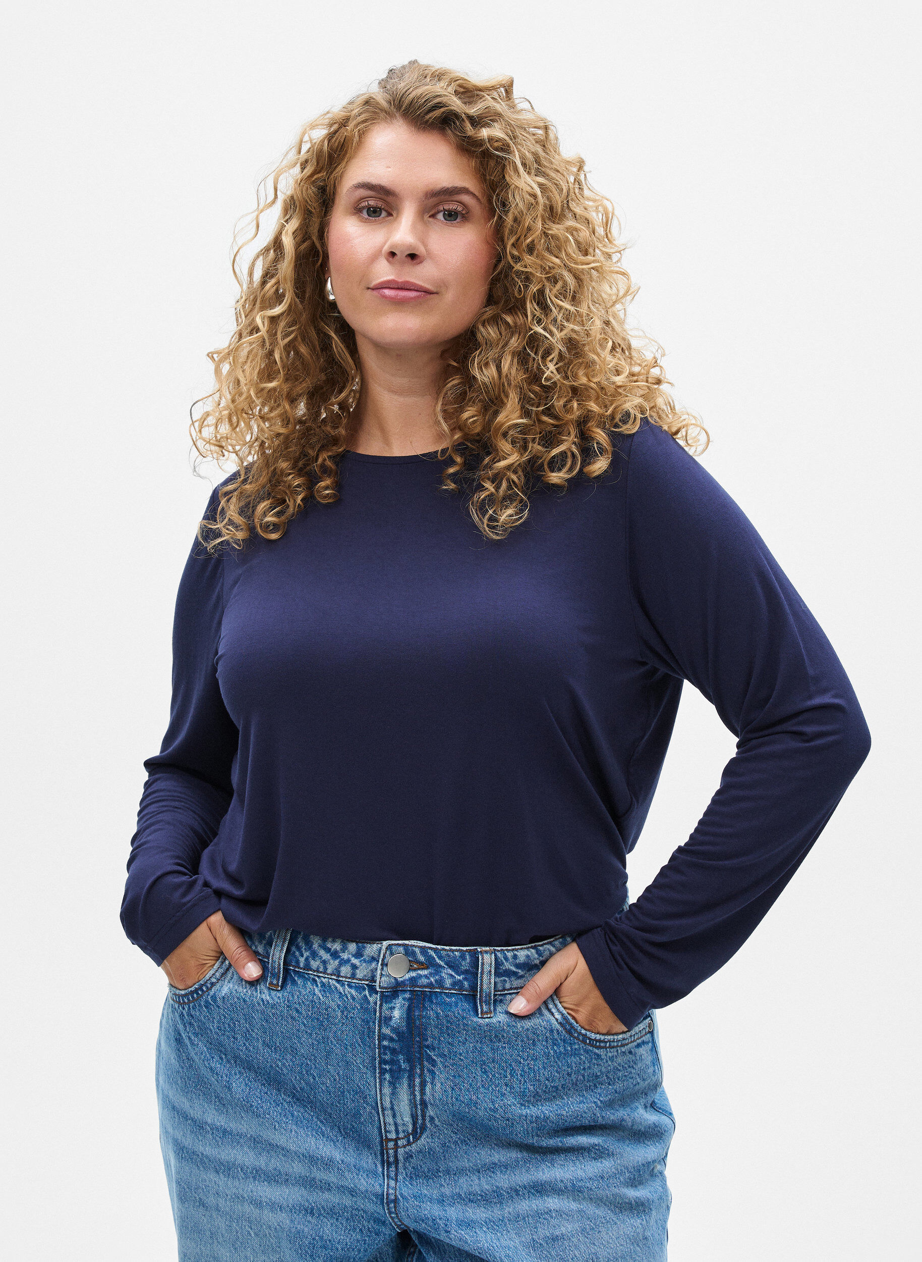 ZizziEnf&auml;rgad blus med l&aring;nga &auml;rmar, Bl&aring;, Model image number 0