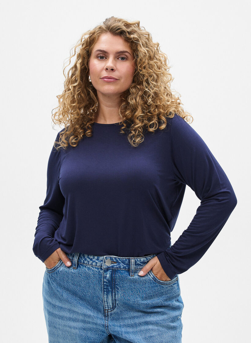 Enf&auml;rgad blus med l&aring;nga &auml;rmar, Bl&aring;, Model image number 0