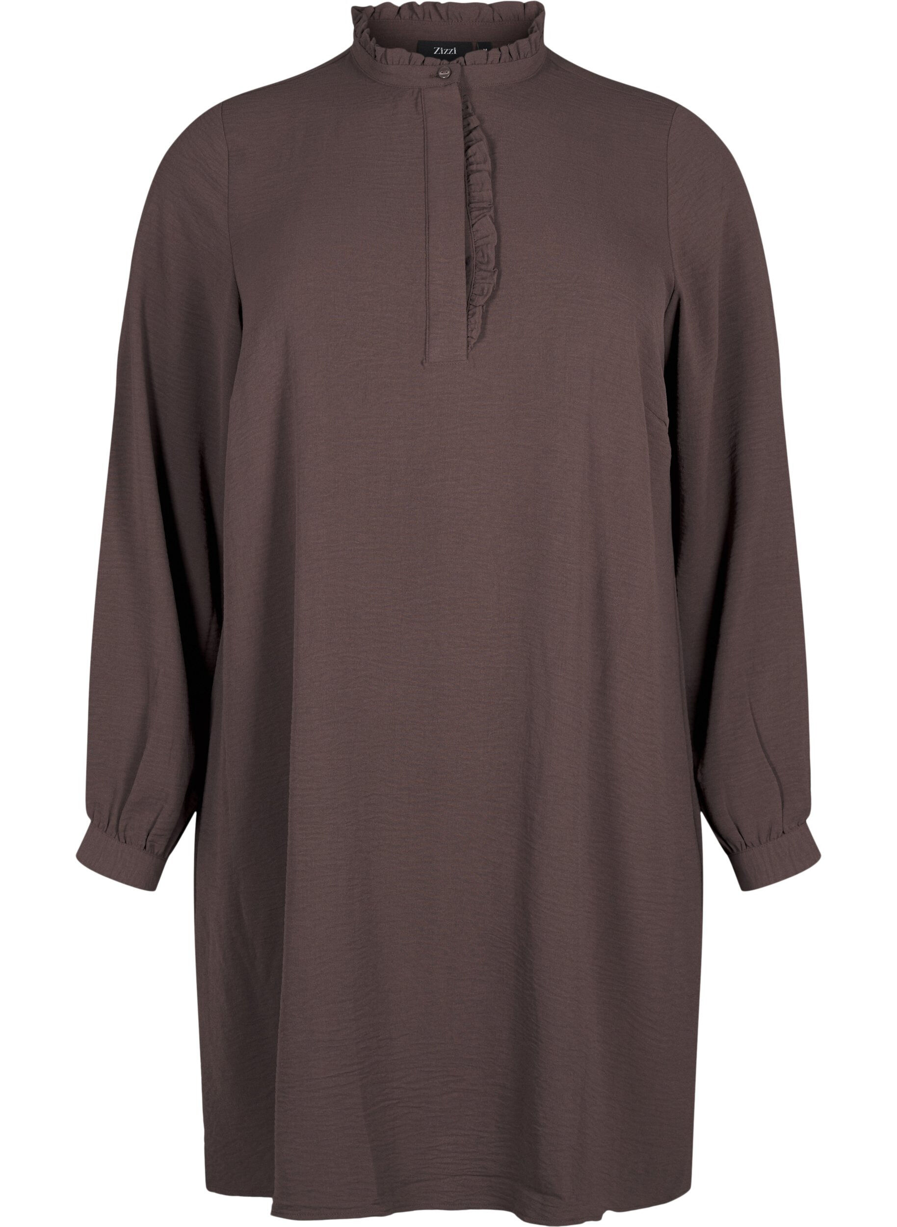 Zizzi L&aring;ng&auml;rmad kl&auml;nning med volangdetalj, Chocolate Martini, Packshot image number 0