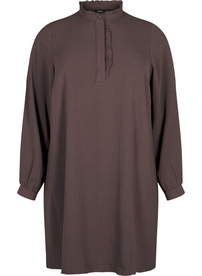 Långärmad klänning med volangdetalj, Chocolate Martini, Packshot image number 0