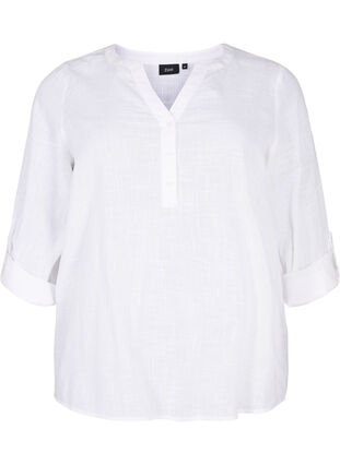 Skjortblus i bomull med v-ringad hals, Bright White, Packshot image number 0