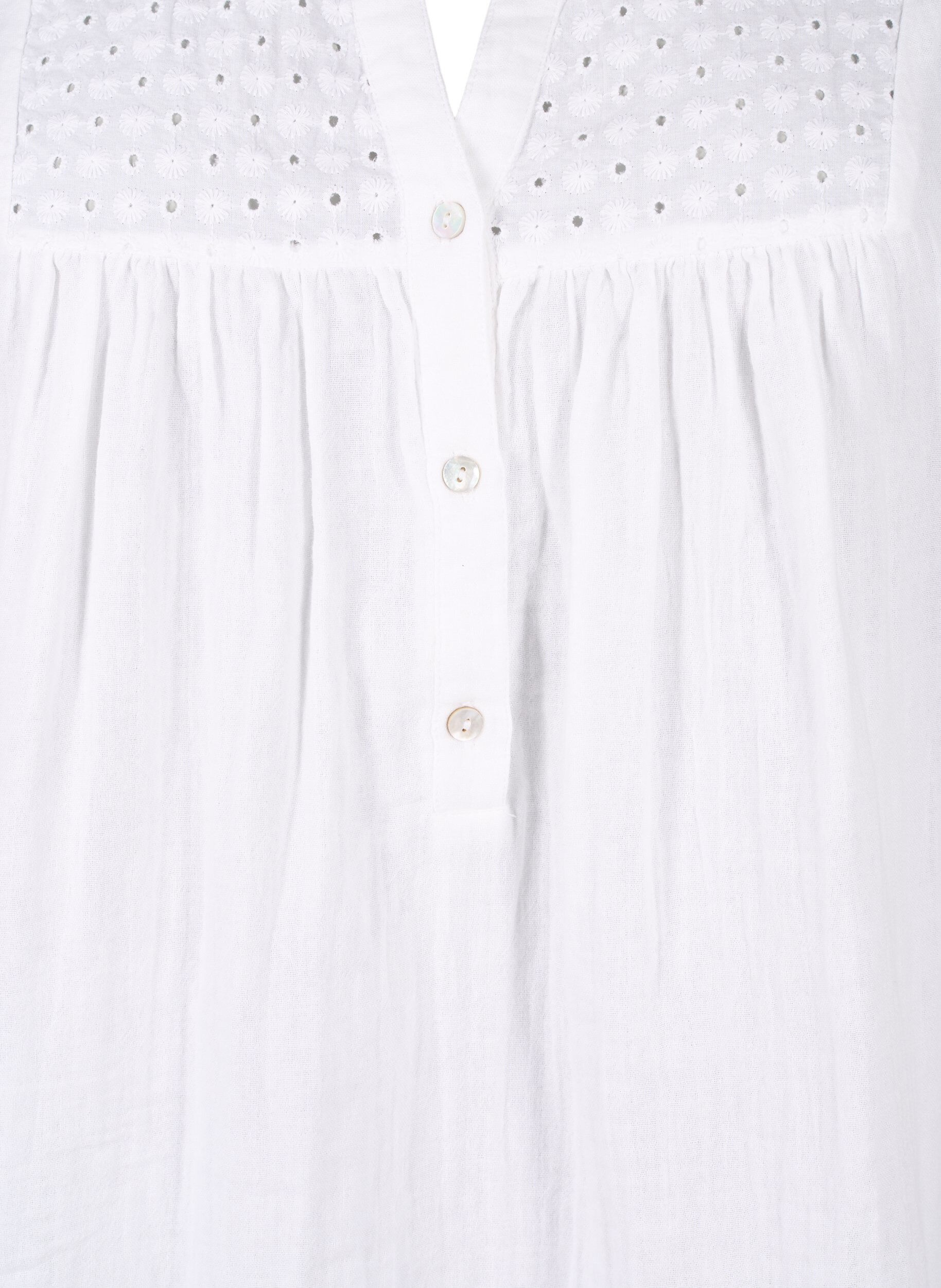 Zizzi Bomullsblus med broderie anglaise och trekvarts&auml;rm, Bright White, Packshot image number 2