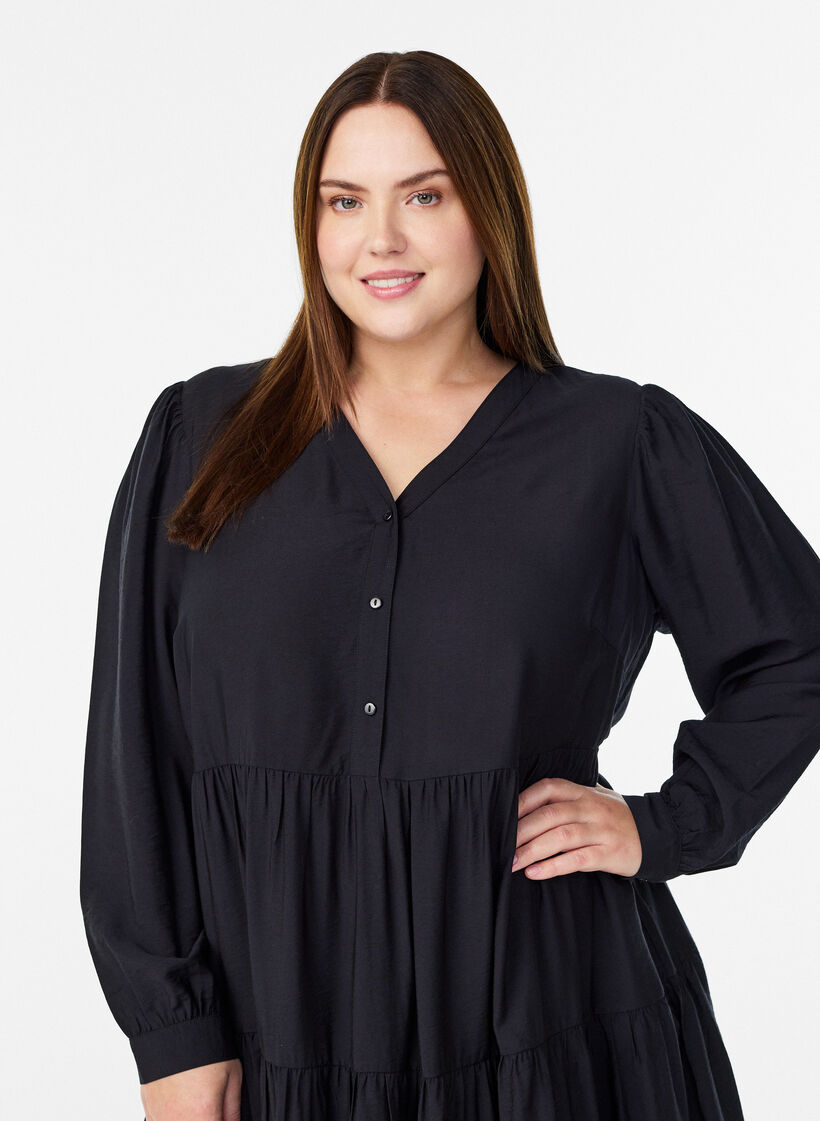 Midiklänning med v-ringning och A-linjeform, Svart, Model image number 2