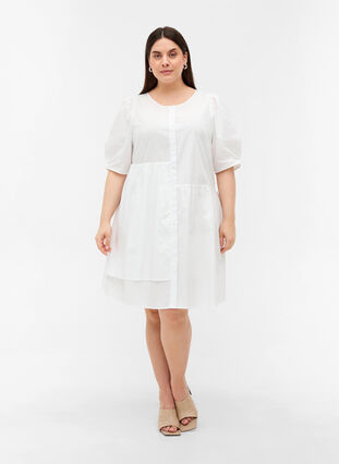 Skjortklänning i bomull med puffärmar, Bright White, Model image number 2