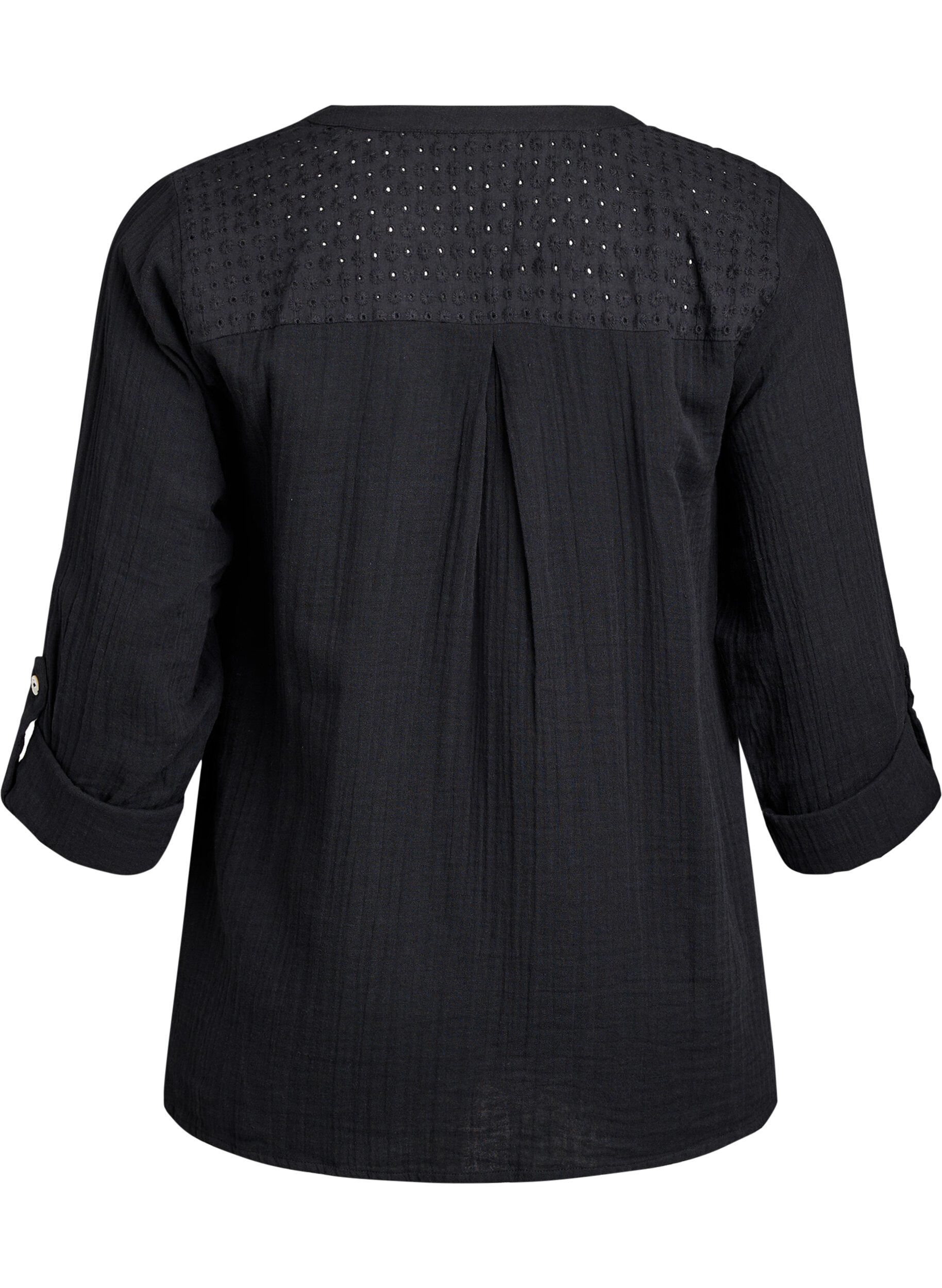 ZizziBlus i bomullsmuslin med broderie anglaise, Svart, Packshot image number 1