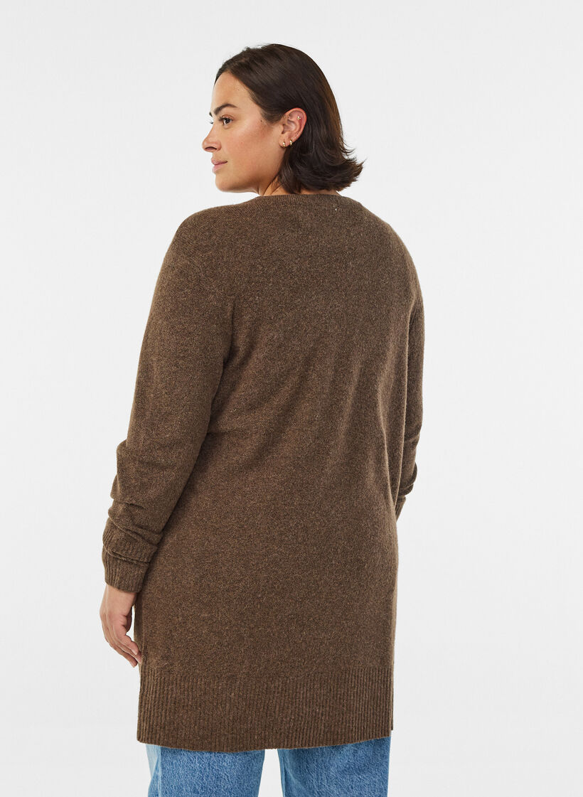 Ribbstickad kofta med fickor, Brun, Model image number 2