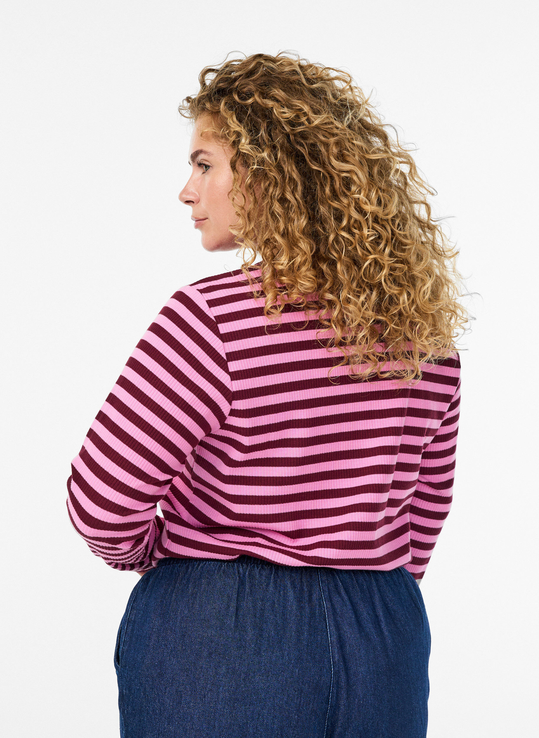 Zizzi Randig jerseyblus med ribbstickad textur, Rosa, Model image number 2