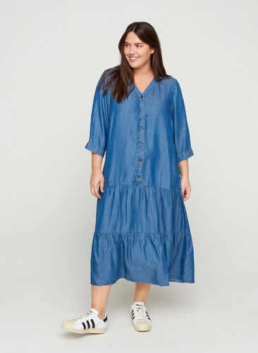 Midiklänning med knappar och 3/4 ärmar, Blue denim, Model image number 0