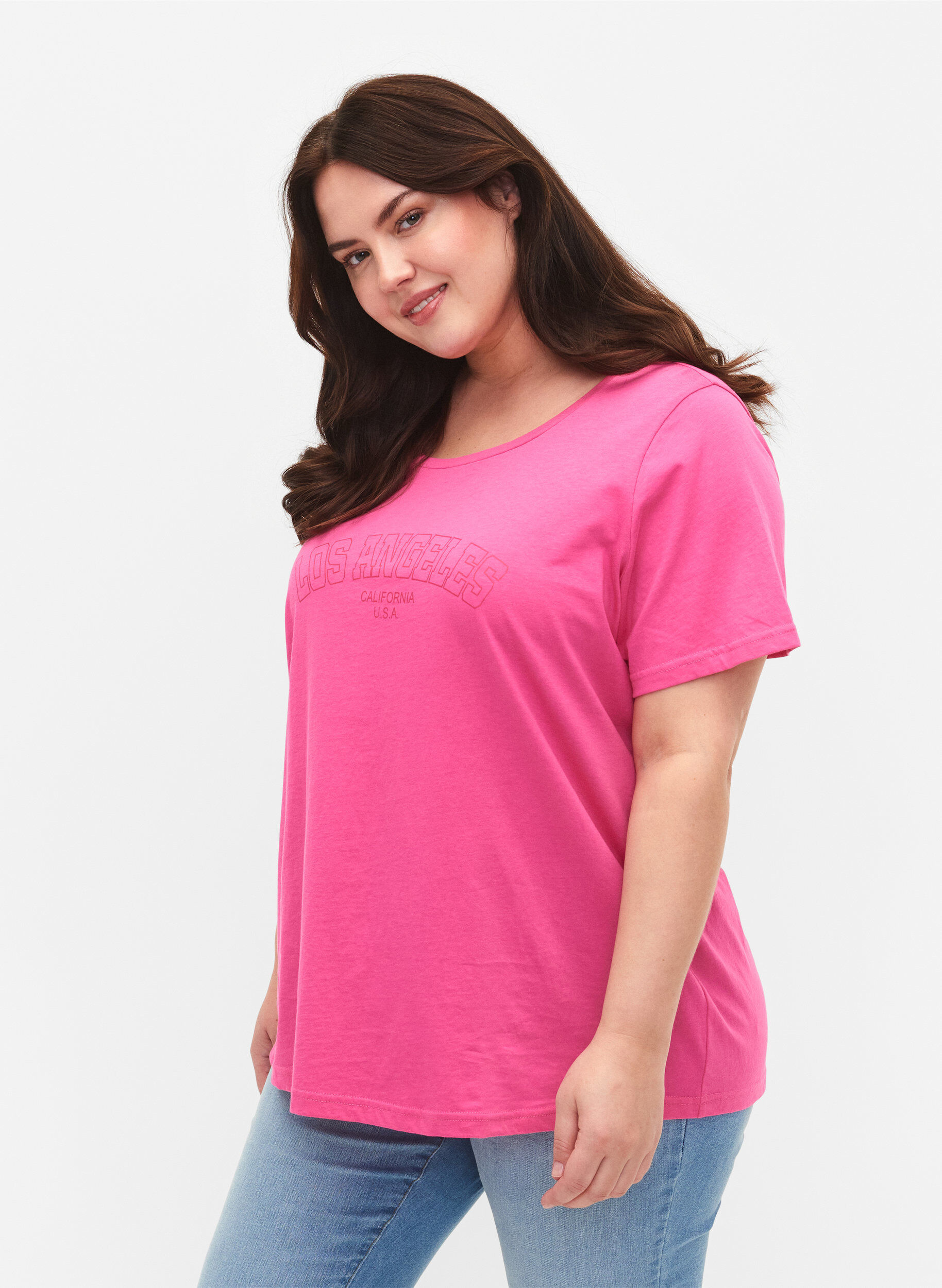 Zizzi T-shirt i bomull med texttryck, Shocking Pink W. LOS, Model image number 0