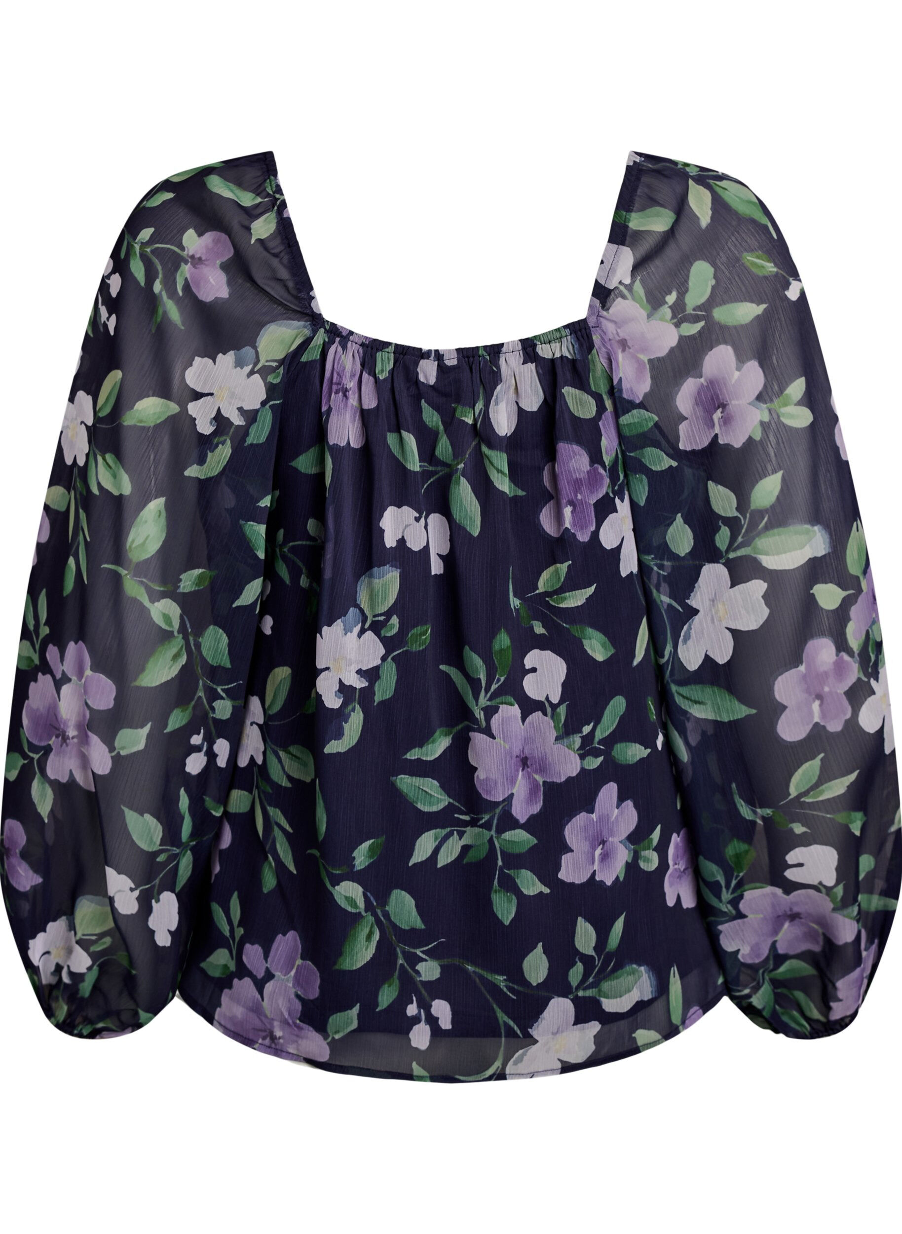 ZizziChiffongblus med blommigt tryck och l&aring;nga &auml;rmar, Bl&aring;, Packshot image number 1