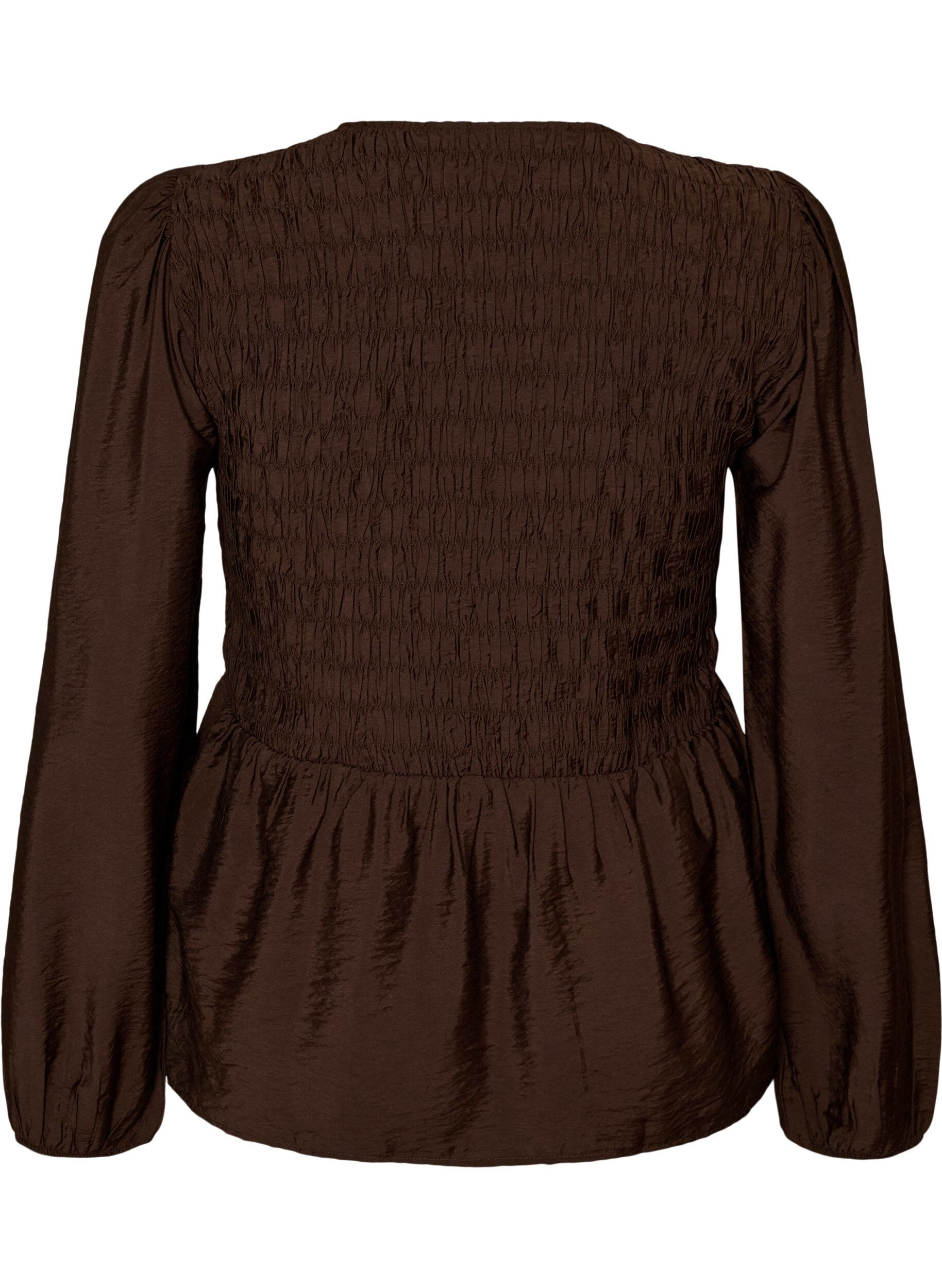 ZizziBlus med smock och l&aring;nga &auml;rmar, Brun, Packshot image number 1