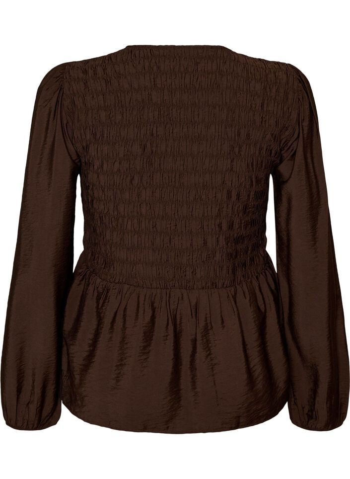 Blus med smock och l&aring;nga &auml;rmar, Brun, Packshot image number 1