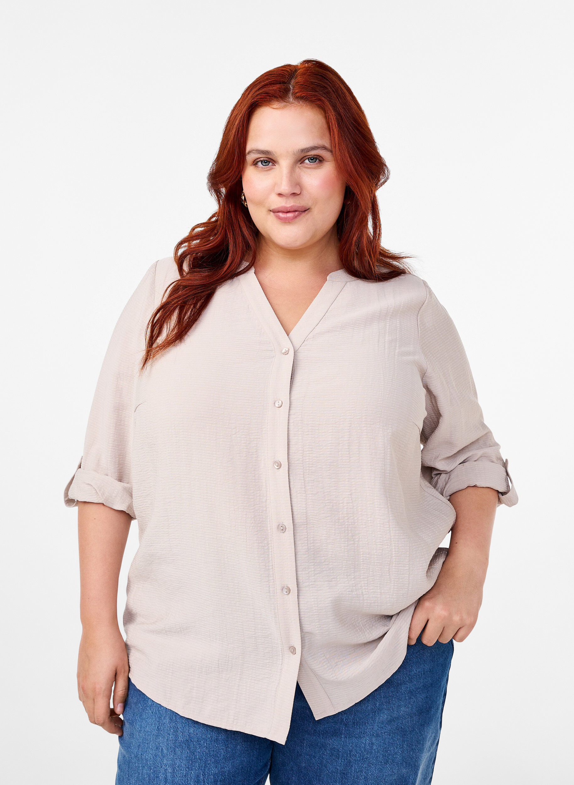 Zizzi Skjortblus i viskos med trekvarts&auml;rmar, Chateau Gray, Model image number 0