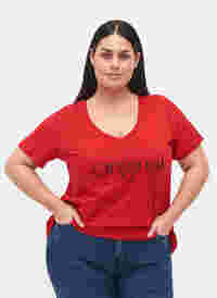 V-ringad t-shirt i bomull med texttryck, Tango Red ORI, Model