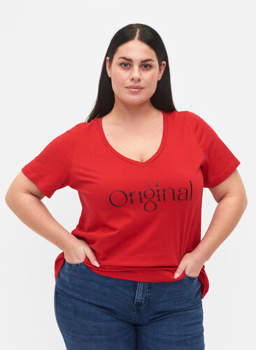 V-ringad t-shirt i bomull med texttryck, Tango Red ORI, Model image number 0