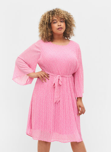 Plisserad klänning med knytband, Pink Ditzy Flower, Model image number 0
