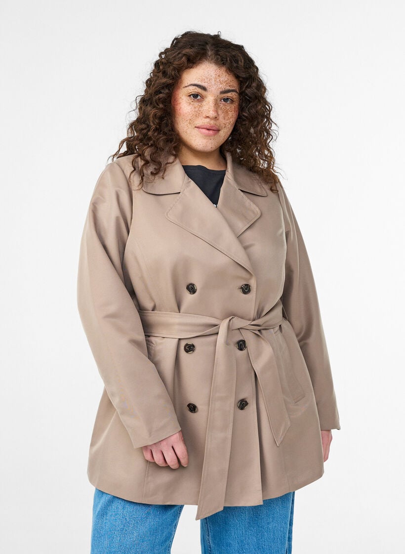 Kort trenchcoat med skärp, Grå, Model image number 0