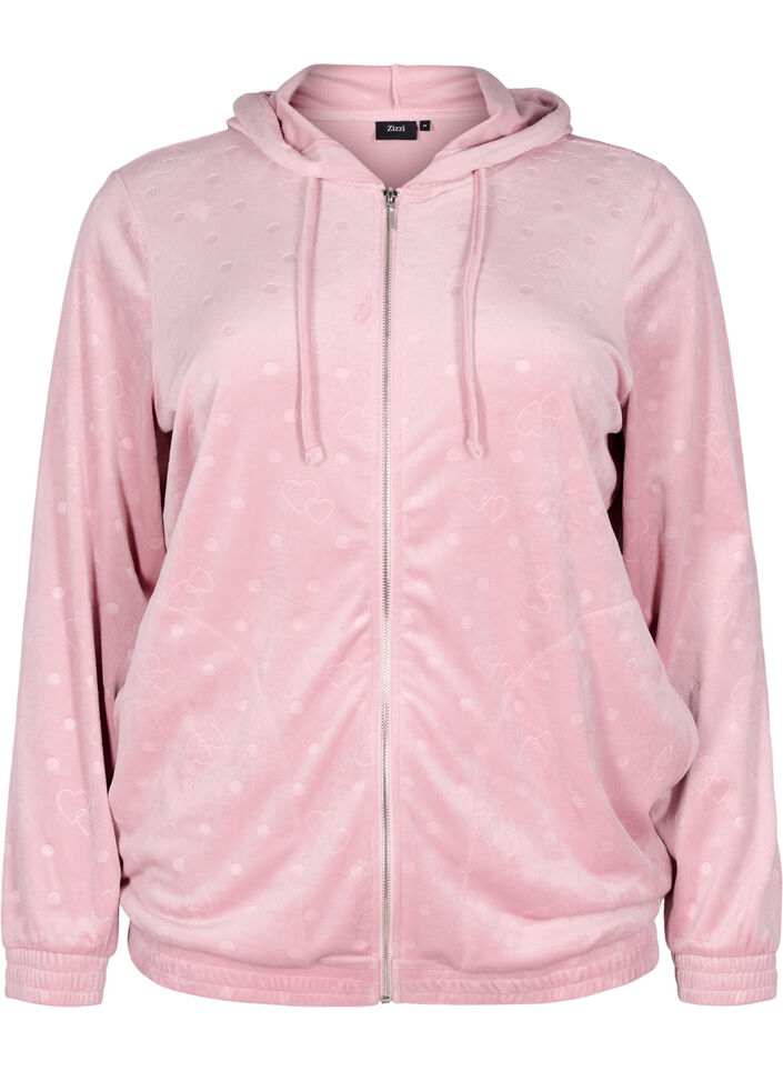 Velourcardigan med huva och fickor, Rosa, Packshot image number 0