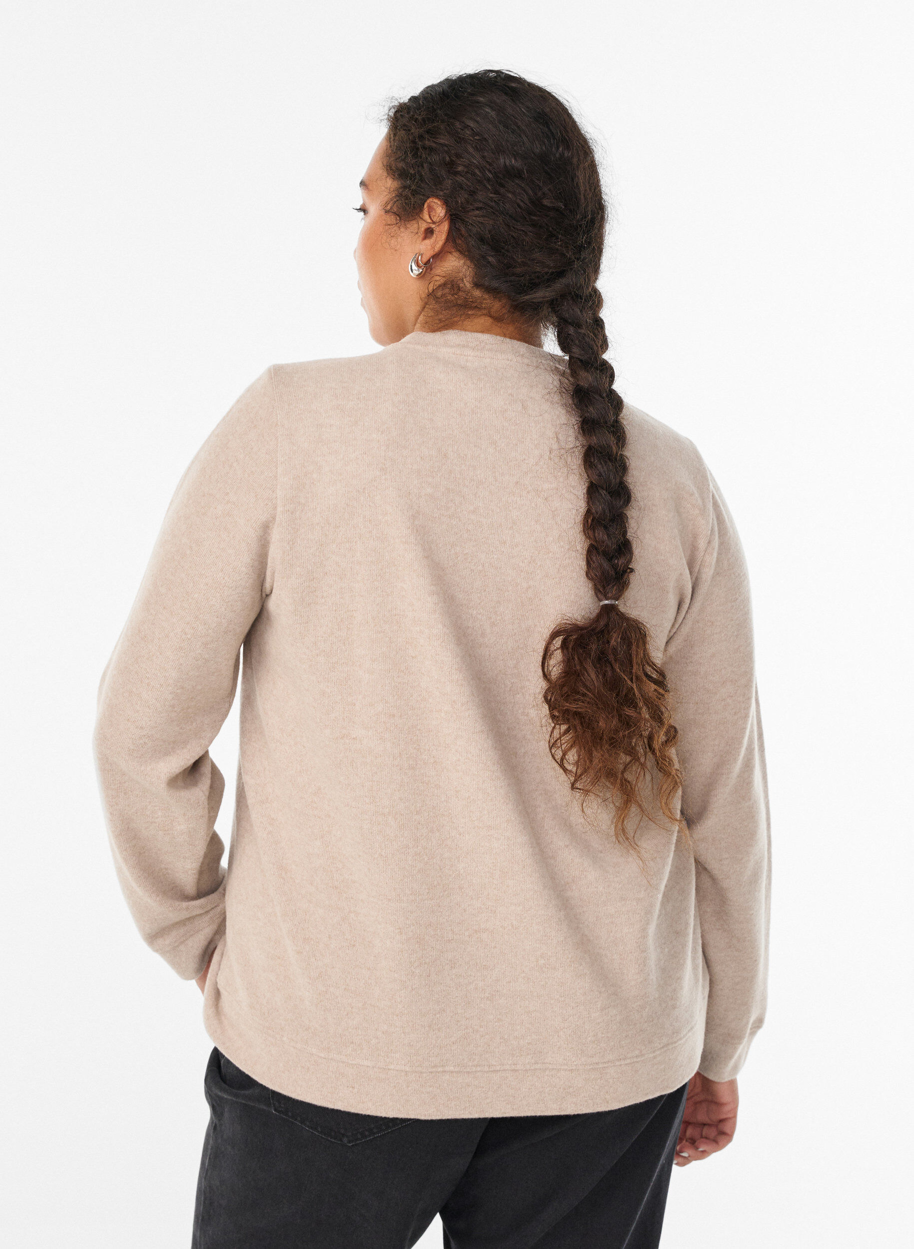 Zizzi Cardigan i jersey med rund halsringning och knappar, Beige, Model image number 2