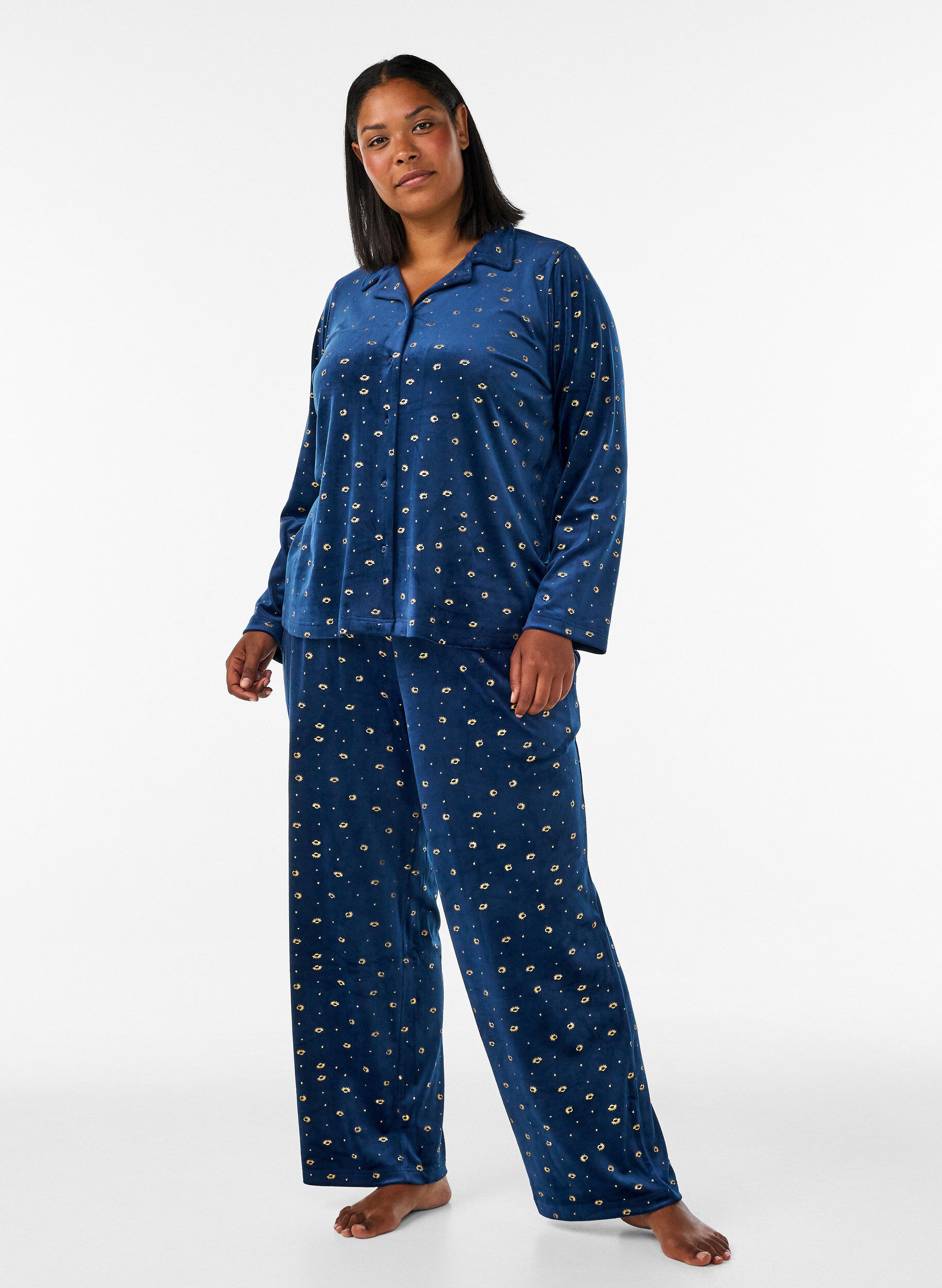Pyjamasbyxor i velour med helt&auml;ckande m&ouml;nster, Bl&aring;, Model