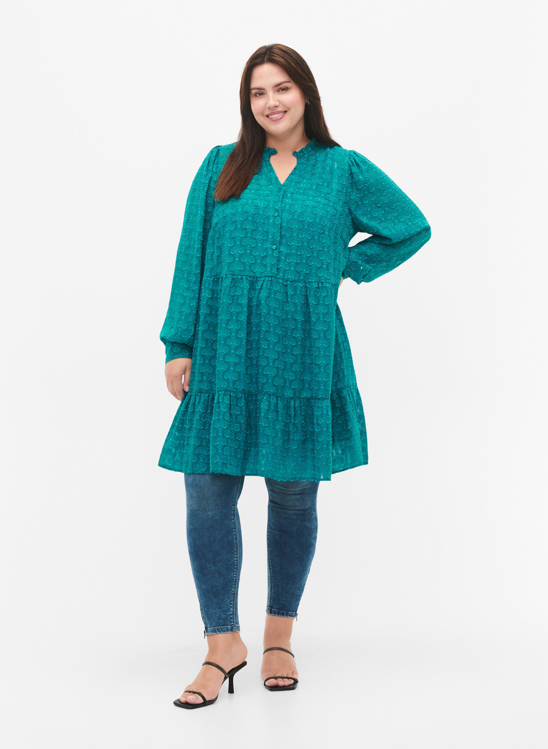 ZizziJacquardkl&auml;nning med volangkrage, Deep Lake, Model image number 2