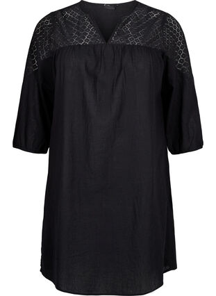 Klänning i bomullsblandning med linne och virkade detaljer, Black, Packshot image number 0