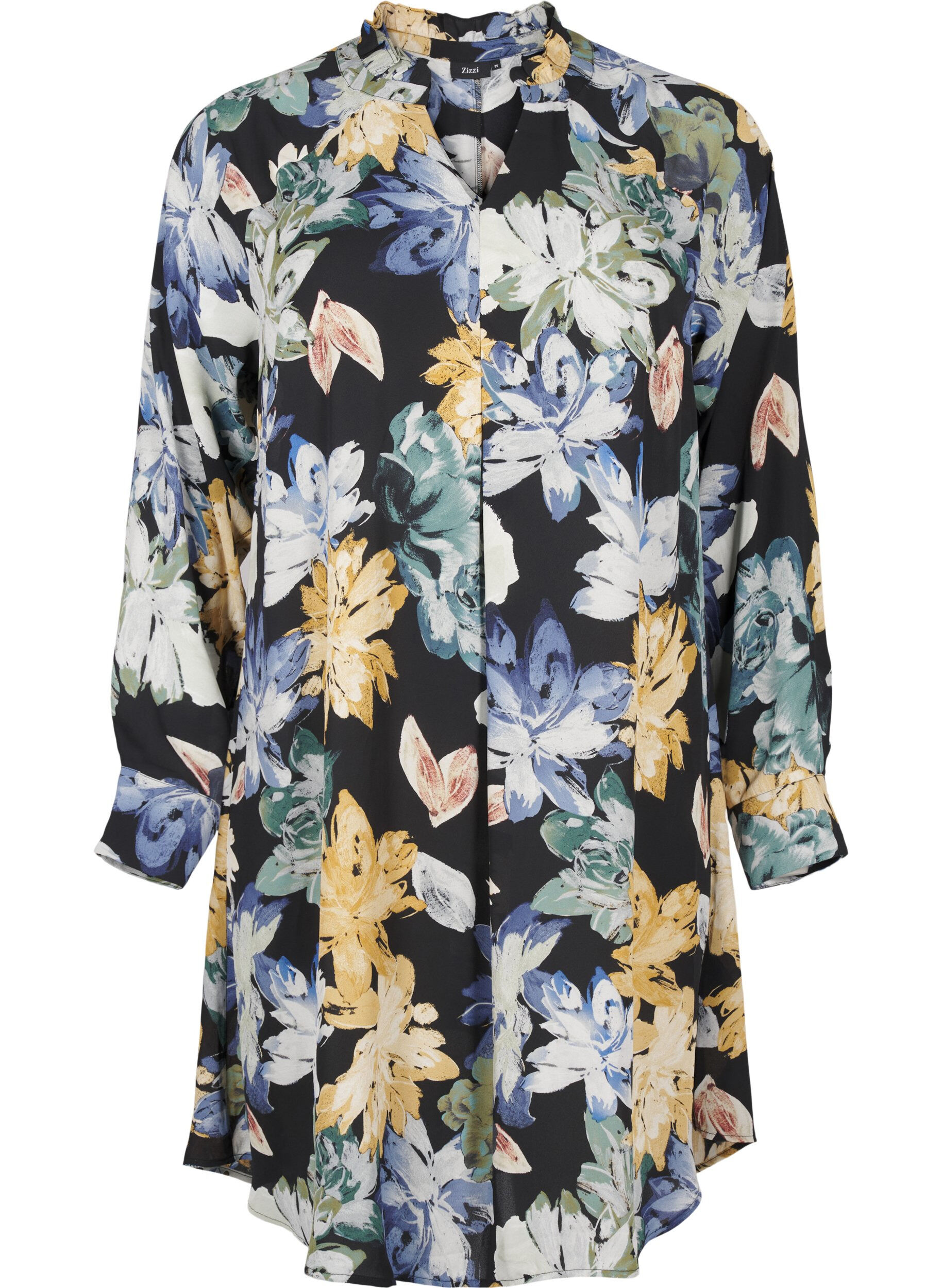 Zizzi L&aring;ng&auml;rmad kl&auml;nning med blomsterm&ouml;nster, Yellow Flower AOP, Packshot image number 0