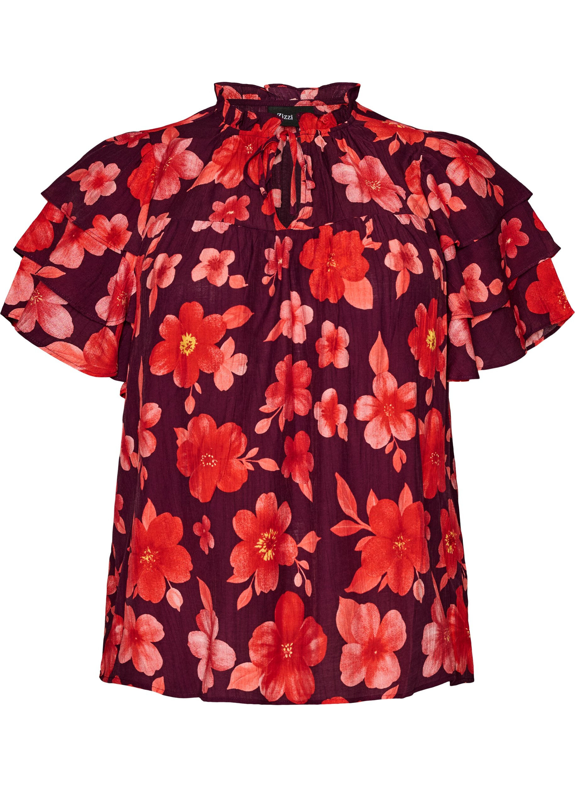 Blommig blus i viskos med volang&auml;rmar