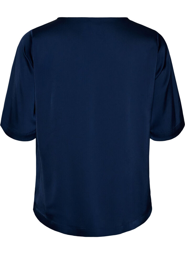 Blus i satin med armb&aring;gsl&aring;nga &auml;rmar, Bl&aring;, Packshot image number 1