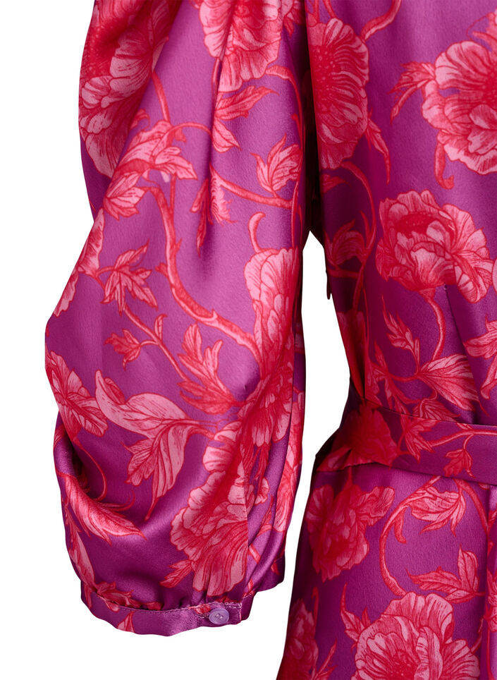 Blommig kl&auml;nning med puff&auml;rmar och knytsk&auml;rp, Rosa, Packshot image number 3
