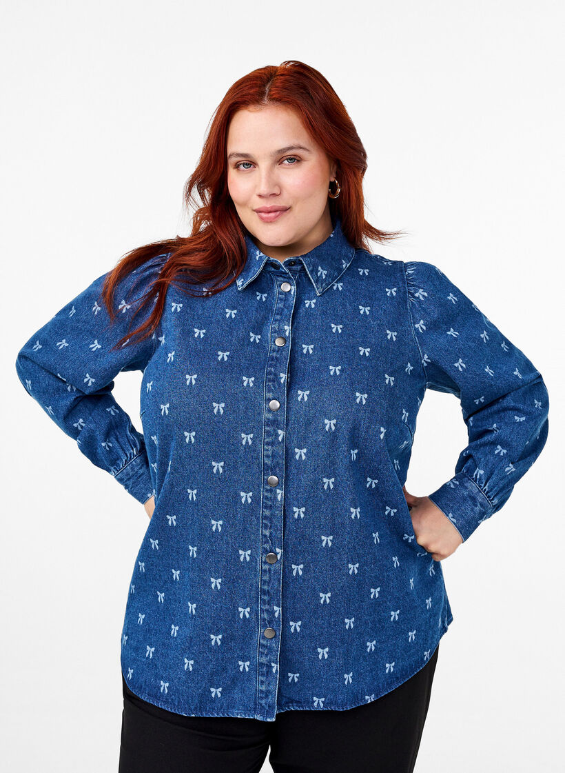 Skjorta med rosett i denim, Denim Blue W. Wh.Bow, Model image number 0