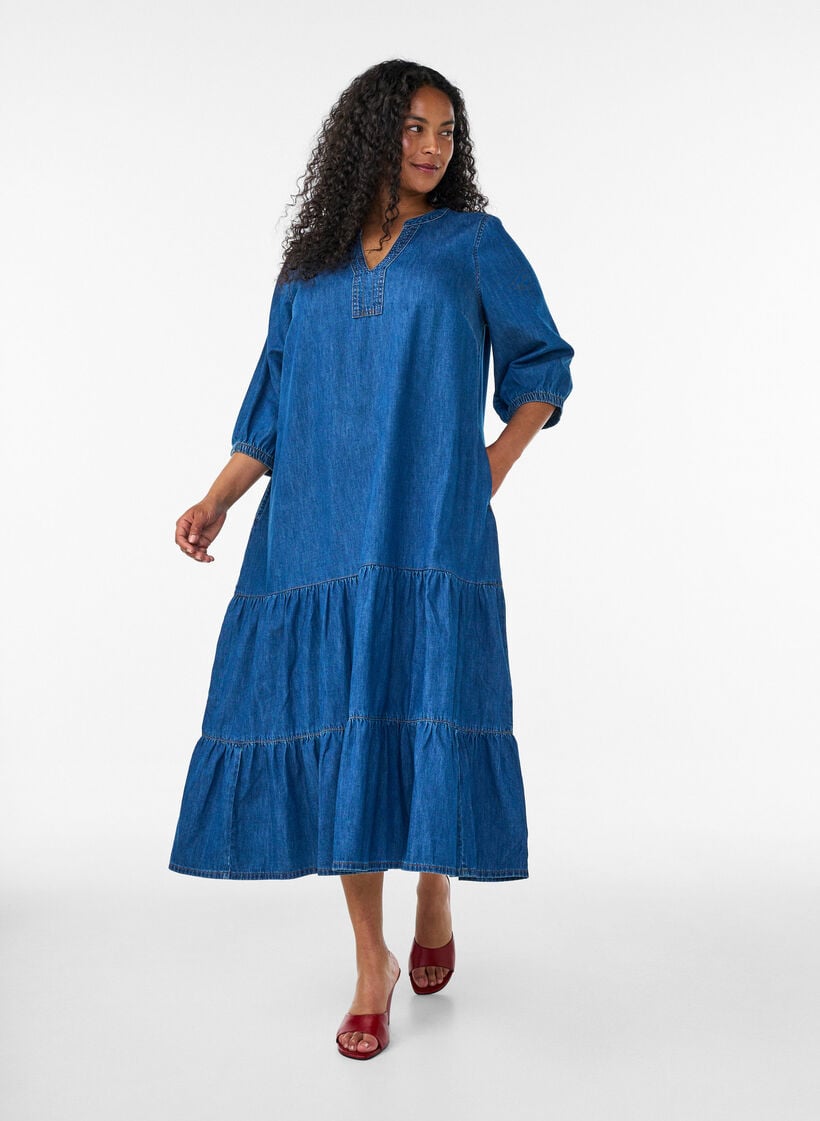 Maxikl&auml;nning i denim med volangv&aring;der, Bl&aring;, Model image number 0