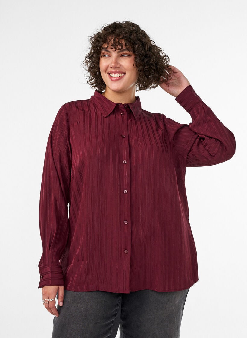 Skjorta med texturerade r&auml;nder och glittertr&aring;dar, R&ouml;d, Model image number 0